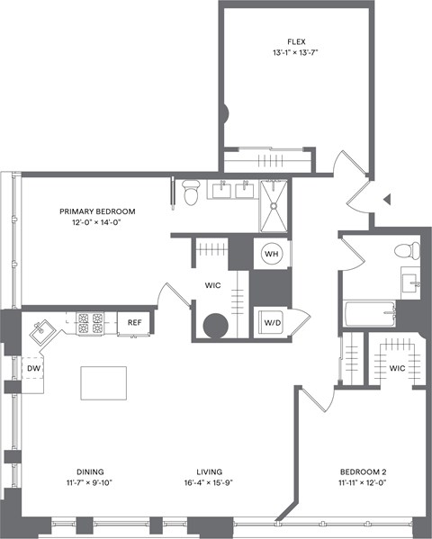 Floor plan for 2 beds, 2 baths, 1460 sqft